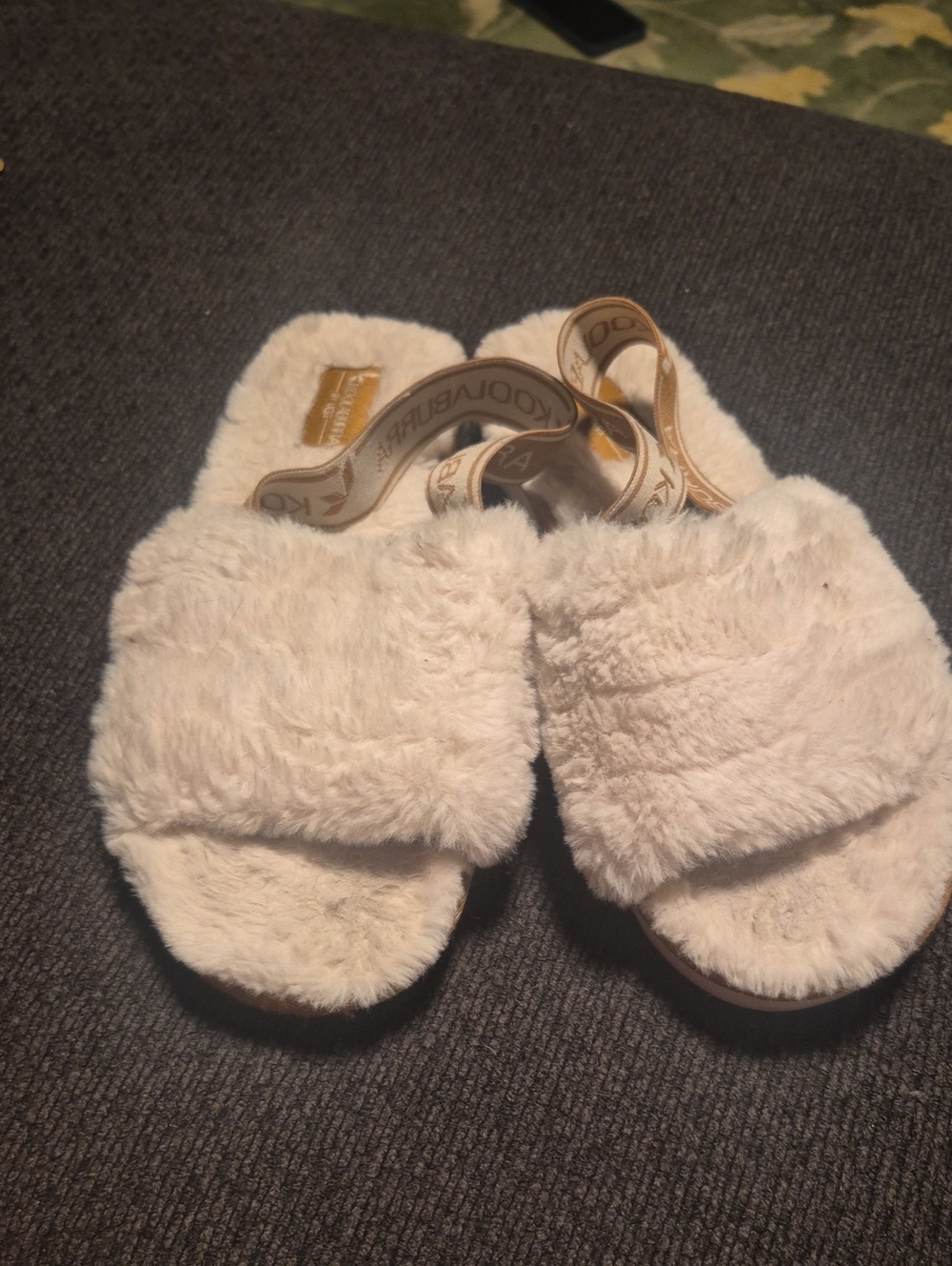 Koolaburra Faux Fur Slide Sandals in Cream with Branded Elastic Strap